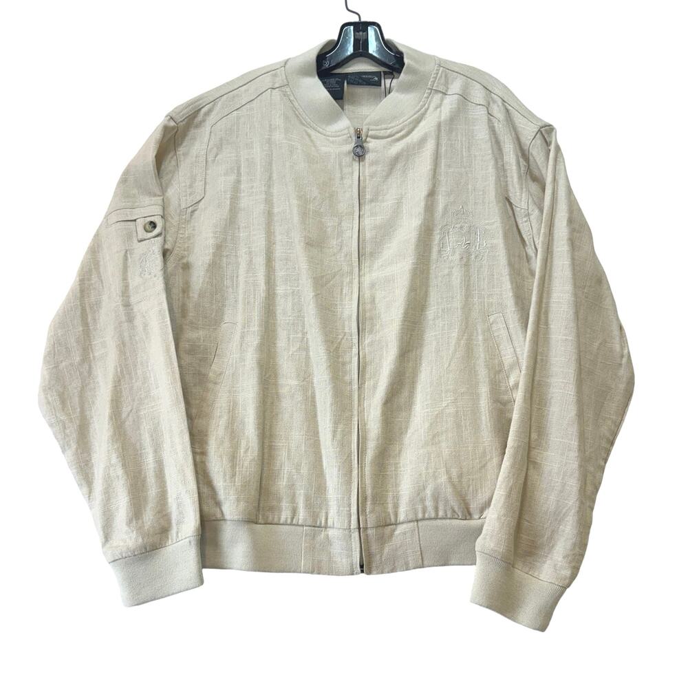 Al Wissam Jean Denim Culture Bomber Jacket Mens L Bone Linen Cotton Embroidered